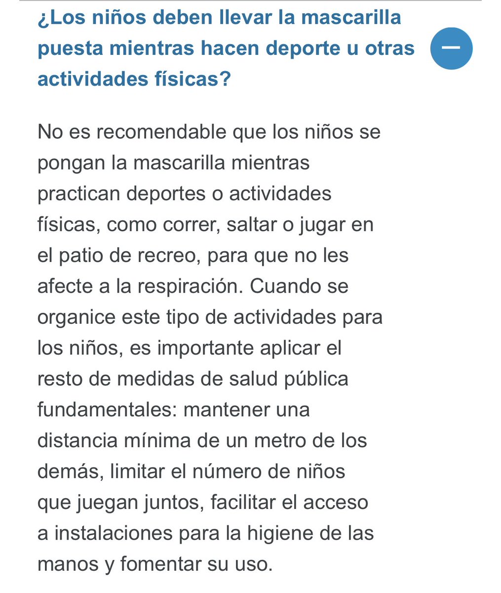 En marzo2022 la <a href="/WHO/">World Health Organization (WHO)</a> actualizó sus FAQ sobre uso de mascarillas en niños. NO recomienda uso 😷 para 🧒🏻 👧🏾 durante actividades físicas y deportivas. 6 meses después y acá seguimos¿hasta cuándo? Sigamos la evidencia, nuestros NNA merecen más. <a href="/peruaclasesya/">volvamos a clases peru</a> <a href="/MineduPeru/">Ministerio de Educación</a> <a href="/Minsa_Peru/">Ministerio de Salud</a>