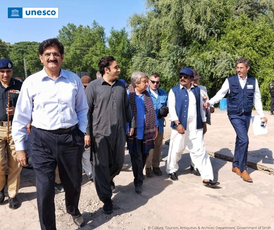 UnescoPakistan's tweet photo. UN Secretary-General @antonioguterres and UNESCO Islamabad Director @yfilalimeknassi visited Moenjodaro earlier today, accompanied by government officials. UNESCO is committed to supporting the recovery of flood-affected heritage sites &amp; cultural practitioners in #Pakistan. https://t.co/FGDfblcVbb