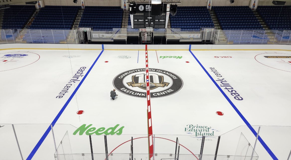 Nothing quite like the feeling seeing that fresh sheet of ice. Great job <a href="/EastlinkCtrPEI/">Eastlink Centre Charlottetown</a> crew <a href="/ChtownPE/">City of Charlottetown, PE</a> <a href="/StuDunn35/">Stu Dunn 🥅</a> logo installers <a href="/IslandersHKY/">Charlottetown Islanders</a> <a href="/DALMACPEI/">DALMAC</a> <a href="/cjfoz11/">Craig J. Foster</a> @JasonMaclean79 &amp; all involved <a href="/JetIceHockey/">Jet Ice</a> in the process <a href="/QMJHL/">QMJHL</a> Serious ice building starts now. #BigChillDay6