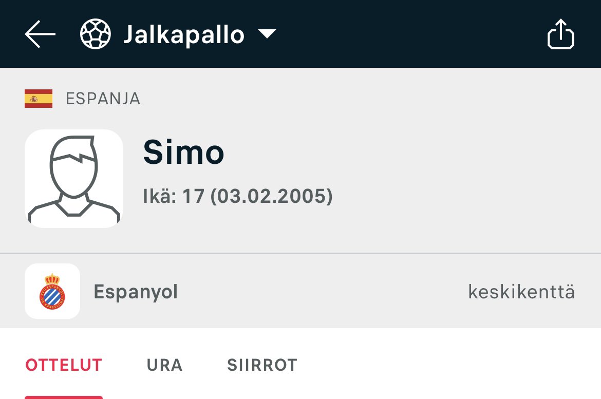 Espanyolin kokoonpanossa tänään: Simo. Olisi hienoa, jos hänestä tulisi huippupelaaja. ”Simo ratkaisi Mestarien liigan finaalin”.