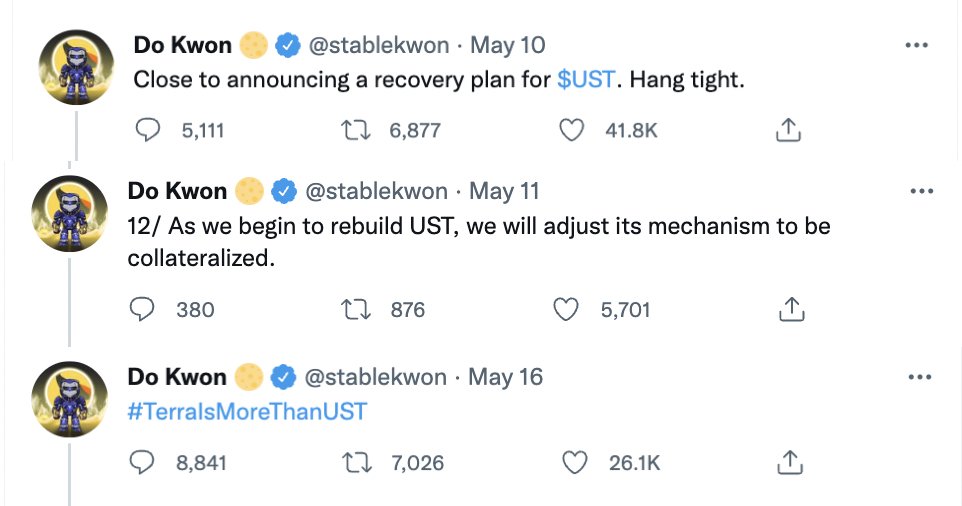 FatManTerra's tweet photo. On May 11, when retail victims could still salvage $0.50 per UST, Do Kwon publicly announced that he would rebuild &amp; recollateralize UST. Many looking to sell clung on due to this promise. Five days later, UST collapsed completely &amp; Do abandoned it. Deeply malicious deception. https://t.co/amvANz9bOd