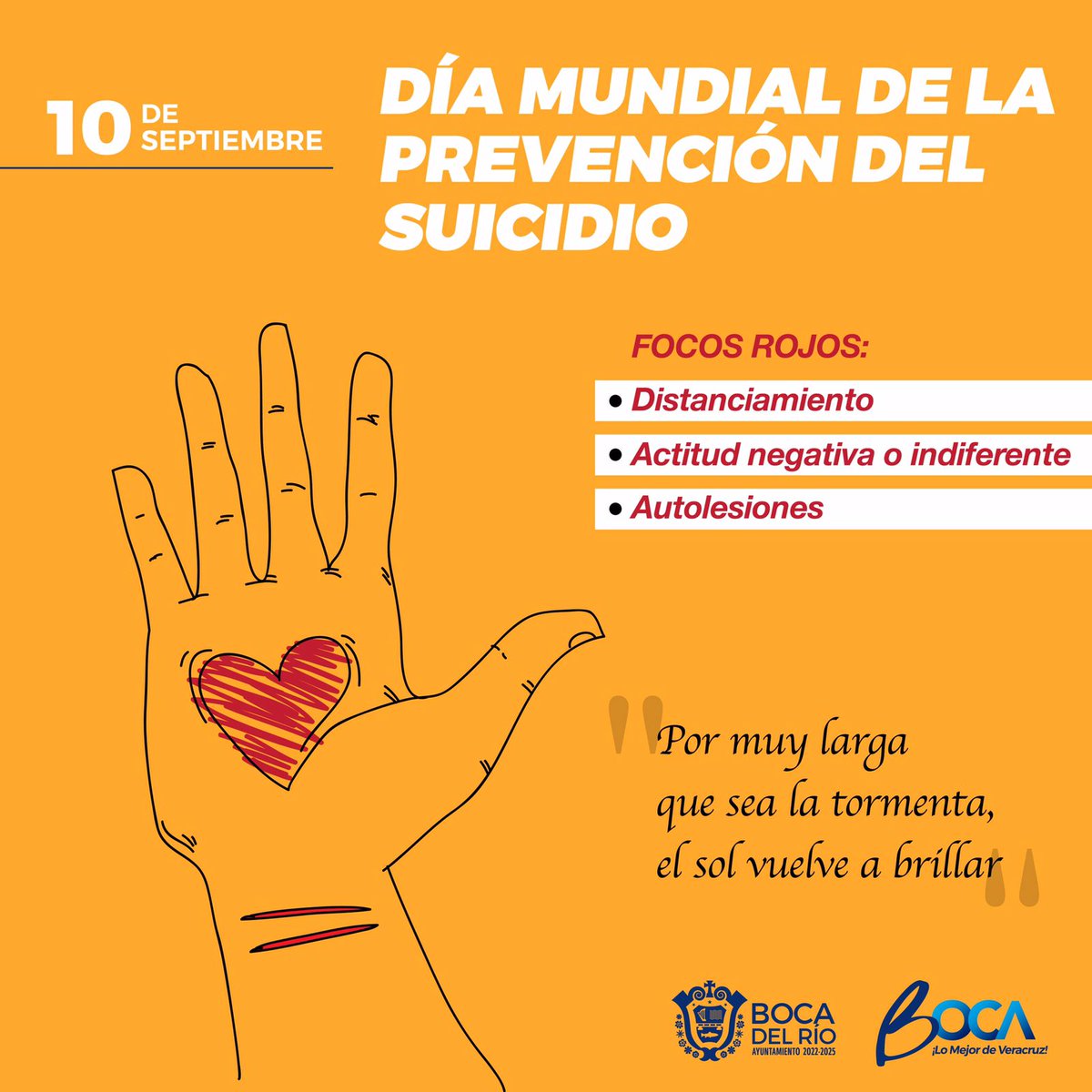 Hoy conmemoramos el Día Mundial de la Prevención del Suicidio, con el objetivo de promover la toma de conciencia y ofrecer esperanza a través de acciones preventivas. #BocadelRío #LoMejordeVeracruz