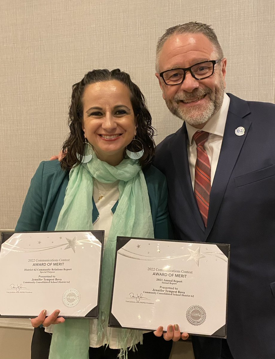 Director of Community Relations <a href="/jennifer_bova/">Jennifer Bova</a> spends the majority of her time showcasing and acknowledging our staff and students. Yesterday she was recognized yesterday by her peers at <a href="/INSPRABoard/">INSPRA</a>. Keep up the great work Jennifer! <a href="/62schools/">School District 62</a>.  #62learns #62united