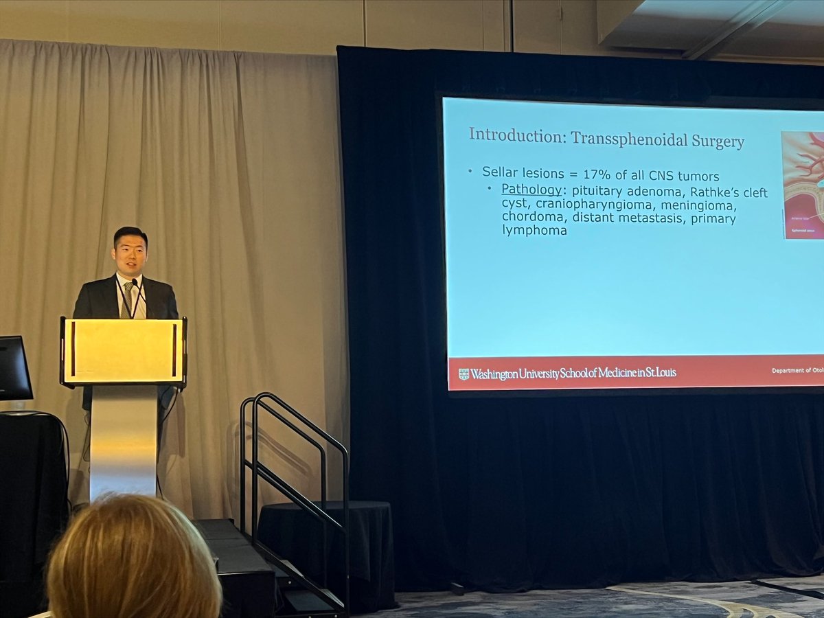 WashUMedENT's tweet photo. Dr. Lee presents “Risk Factors of Postoperative Hypopituitarism and Endocrinopathy After Endoscopic Endonasal Transsphenoidal Surgery” at #ARS22 #ototrainees https://t.co/hEco9z4n3S