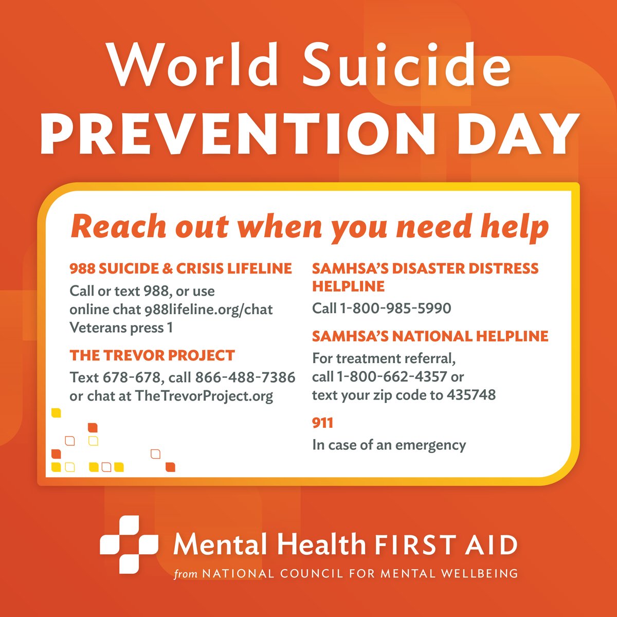 It's World Suicide Prevention Day. Take a moment to save these resources for when you or a loved one needs support in a crisis. #WSPD #SPM22