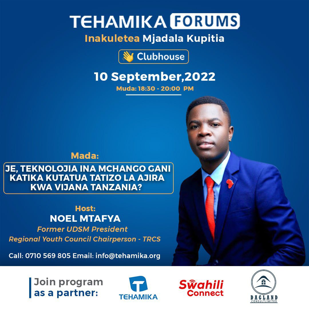 NoelMtafya's tweet photo. Leo saa 12:30 jioni nitaongoza mjadala huu kupitia #Clubhouse wenye mada “Je, Teknolojia ina Mchango gani katika kutatua tatizo la Ajira kwa Vijana Tanzania”

Karibu sana kushiriki mjadala huu muhimu👏🏽

https://t.co/LFPOBWOtig

@tehamika_ https://t.co/Csipai24tc