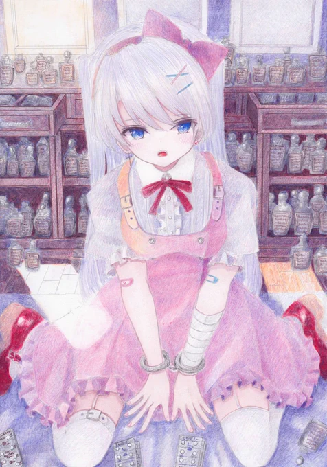 お薬ちょうだい #オリジナル #アナログ #色鉛筆 #透明水彩  