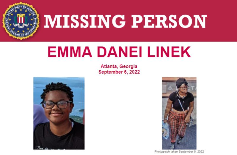 FBIMostWanted's tweet photo. Emma Danei Linek flew from Cleveland, OH, to Atlanta, GA, on Sept 6, 2022, and was last seen leaving with an unknown male around 10:00 a.m. in the North Daily Parking lot at Hartsfield-Jackson Atlanta International Airport. Help the #FBI find her: https://t.co/2OUe4YKcIY https://t.co/89KgqL5q24