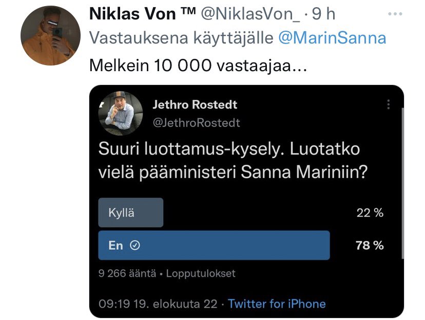 Tanjassa's tweet photo. Sannan Hesari-gallup. 1000 vastaajaa. Jethron gallup, 10000 vastaajaa. @MarinSanna et nauti kansan luottamuksesta. Tai toki, muutamien kyllä. Jostain käsittämättömästä syystä. https://t.co/Ycs4vj0XsZ