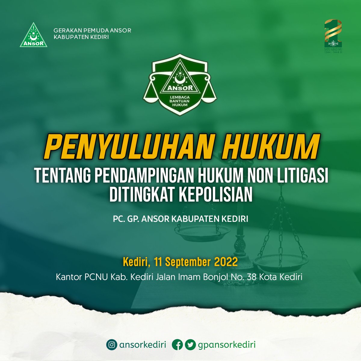 gpansorkediri's tweet photo. Lembaga Bantuan Hukum (LBH)
Mengadakan Acara Bantuan Hukum 
Tentang Pendampingan Hukum Non Litigasi Ditingkat Kepolisian.

Besok Ahad, 11 September 2022 
Dikantor PCNU Kab. Kediri Jalan Imam Bonjol Kediri Kota.

#lbhansor #gpansor #ansor #banser #rijalulansor https://t.co/L8hvlp7zNV