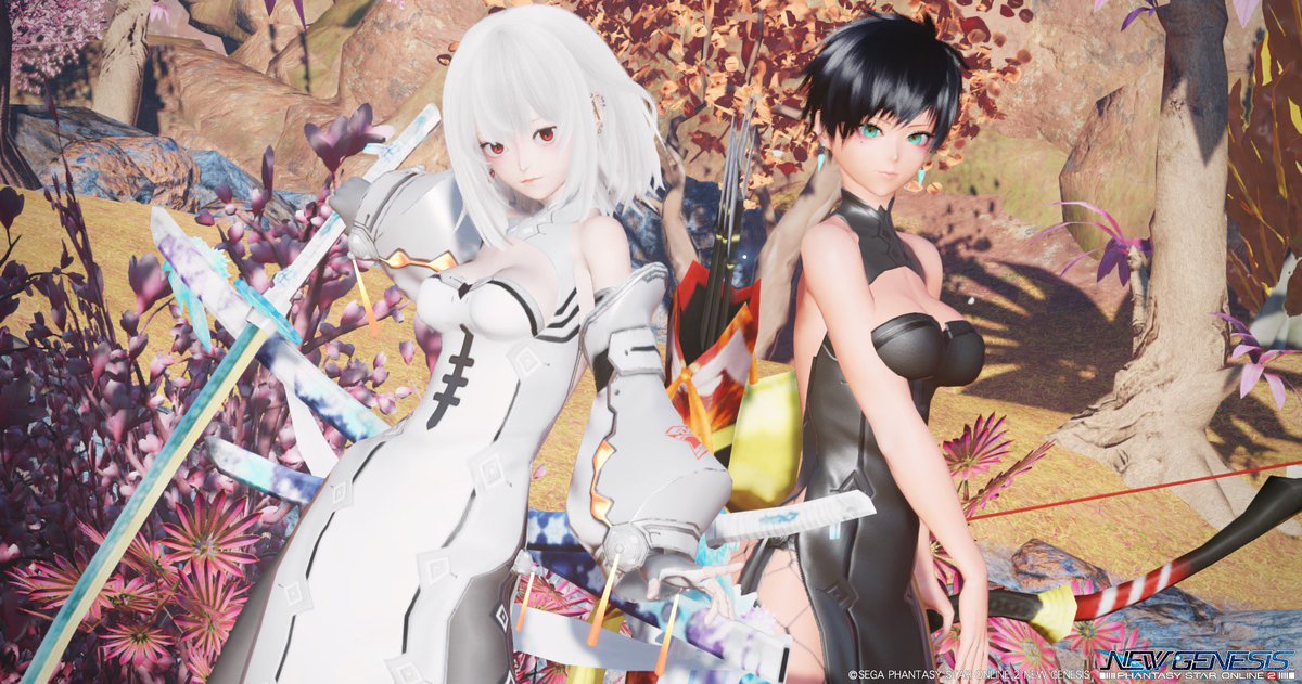 XANA_ship1_PSO2's tweet image. #フェオ祭り 
ランダムお題『表裏一体』

髪の色、服の色、肌の色、構えた武器…と、いろんな面で対照的、文字通り"表裏一体"になるように意識してみました。
ただ、衣装は同じものを使って、統一感は損なわないようにしたところがこだわりですかね…？

なすか×ヨゾラ