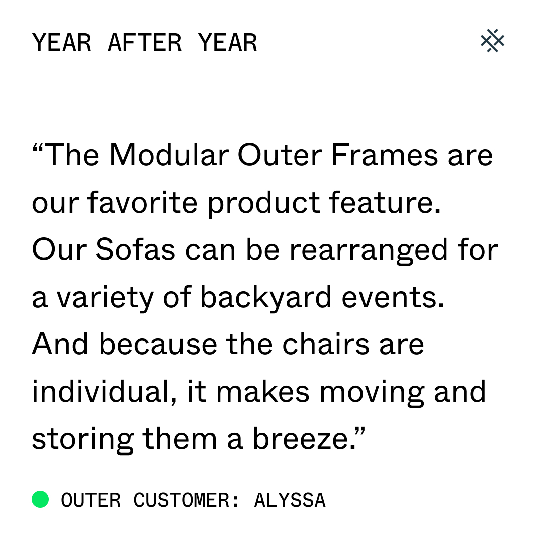 LiveOuter's tweet photo. Why is Outer beloved, season after season? Outer is completely modular, so you can set up your backyard for every type of gathering, from cozy to grand.
Learn more: https://t.co/PU2p14wru3
#liveouter #outeryearafteryear #outdoorfurniture #backyard https://t.co/2YhnBnP9zu