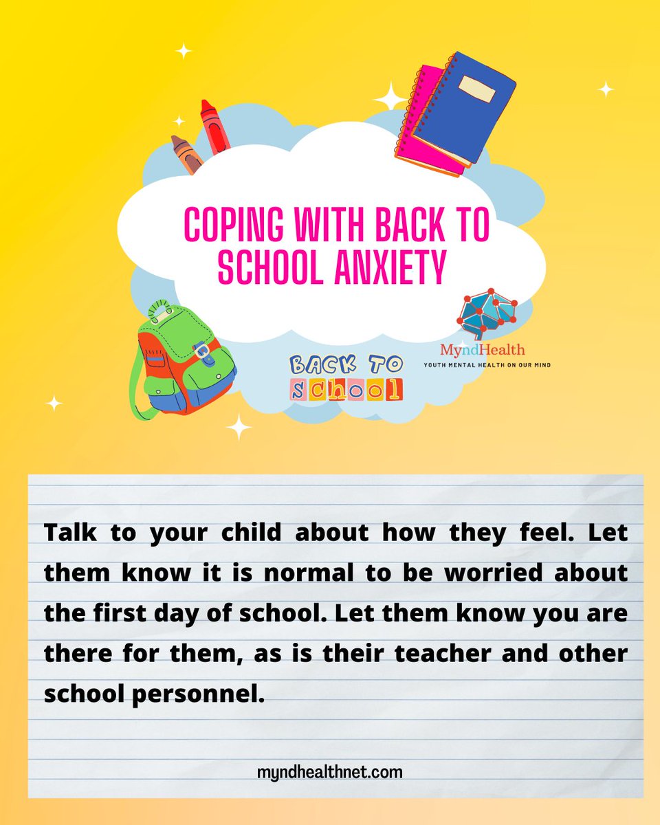 Mynd_Health's tweet photo. If your child needs more support than you can give them, consider getting some support from one of our Wellness Specialists at MyndHealth. 

#myndhealthnet #backtoschool #teens #mentalsuppoetforteens #anxietymangement #firstdayofschool https://t.co/PI5DEYjplP