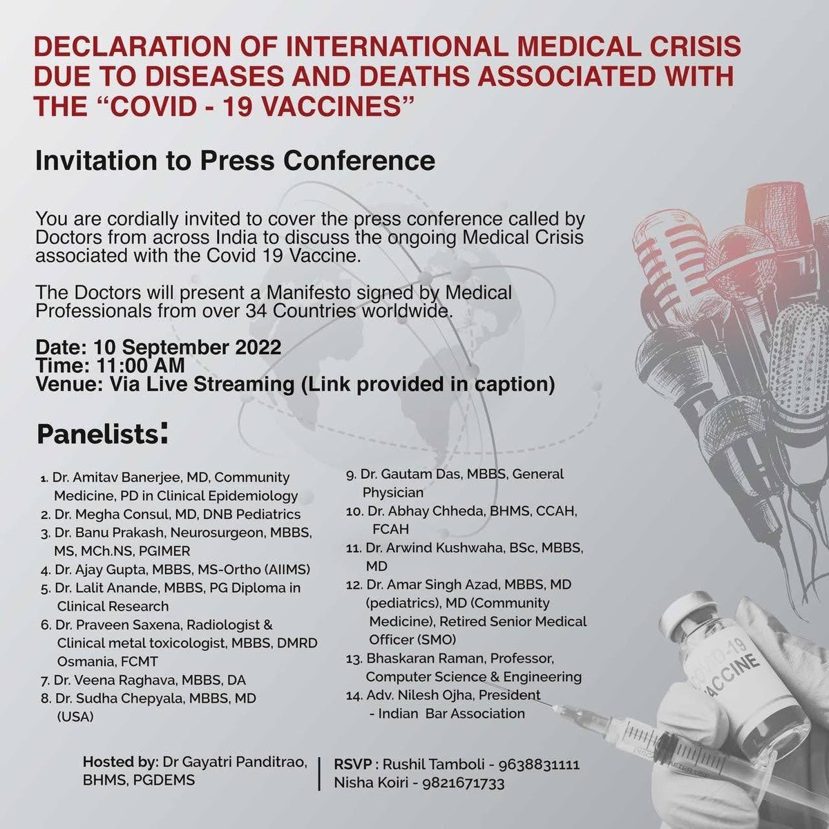 Medical Crisis Declaration--COVID-19 Vaccines. September 10, 2022 top dr’s from India met virtually with dr’s from 34 countries to sign a Declaration of International Medical Crisis.