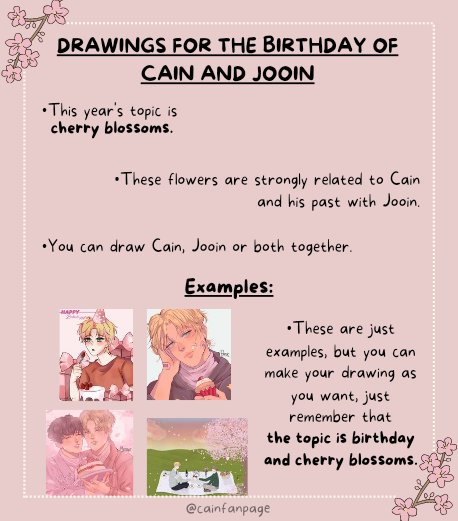 CainFanPage's tweet photo. Dear Team Cain artists, we cordially invite you to participate in the following activity for Cain and Jooin's birthday.
Please read carefully the instructions and indications that we will leave below.
We look forward to the day to see your beautiful drawings. 🥳🌸💛 https://t.co/laV9Xn22vu