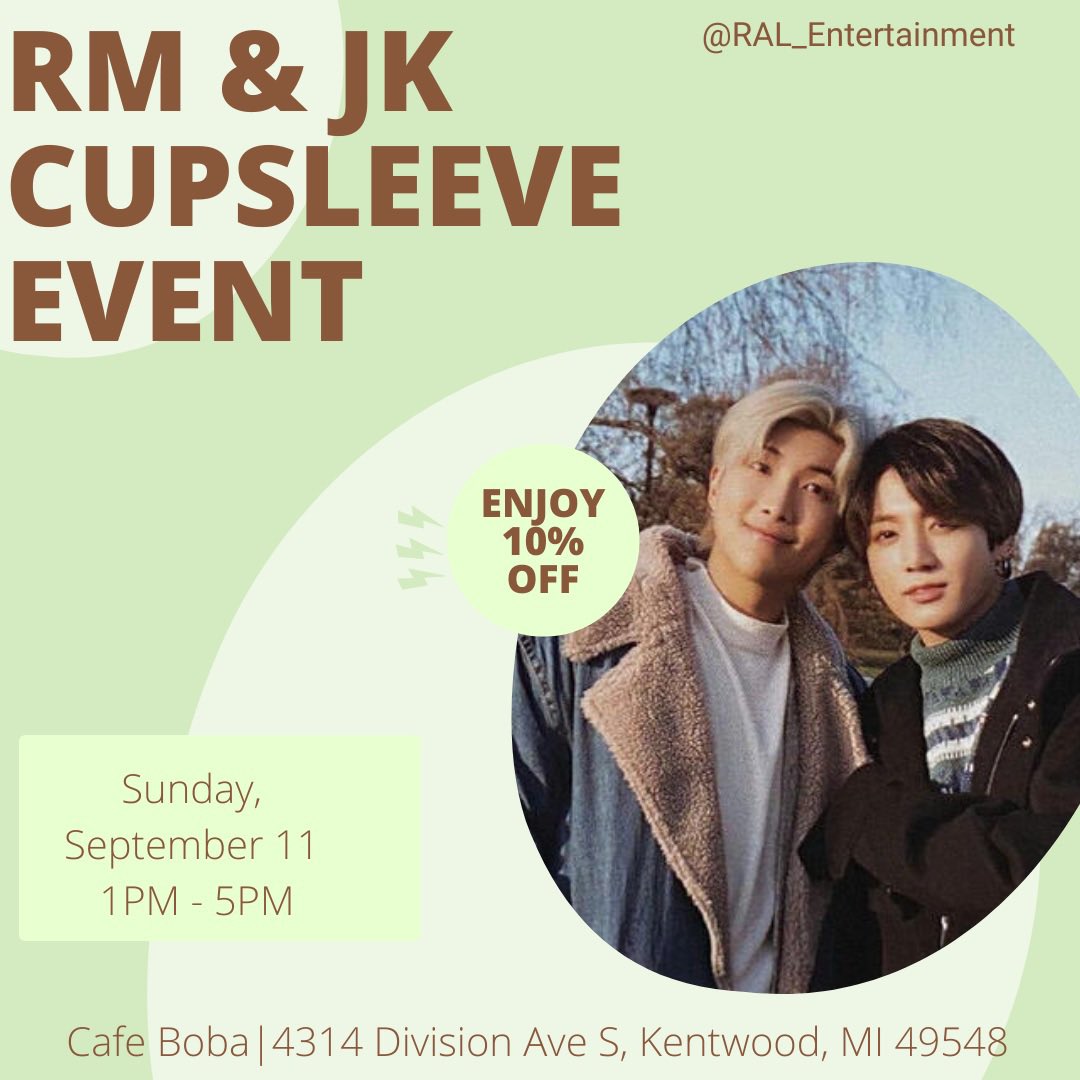 OfficialRAL_Ent's tweet photo. The Cupsleeve event is tomorrow!
Stop by our table at Cafe Boba for your freebies!
Once you present them at the register, you will receive a 10% discount on your drink!
-
#KPopMichigan #Michigan #KPOPMI #MichiganKPop #KPop #KPopper #방탄소년단 #BTS #btsarmymichigan https://t.co/C9fFQhUyjJ