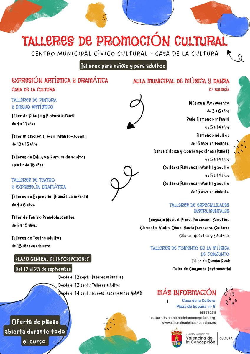 📣 INSCRIPCIÓN PARA LOS TALLERES DE EXPRESIÓN ARTÍSTICA Y DRAMÁTICA  Y AULA MUNICIPAL DE MÚSICA Y DANZA🎶👯‍♂️
✅ Organiza Delegación de Cultura <a href="/Ayto_Valencina/">Ayto. Valencina (Sevilla)</a>
✍ Del 12 al 23 de septiembre
➕ Info: Secretaría Casa de la Cultura
☎  955720211
📲 cultura@valencinadelaconcepcion.org