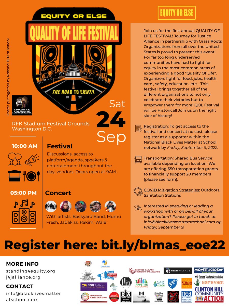The Equity Or Else Quality of Life Festival is in two weeks (Saturday, September 24th) at RFK Stadium in Washington, DC! Register today: standing4equity.org #EquityorElse #qolfest2022