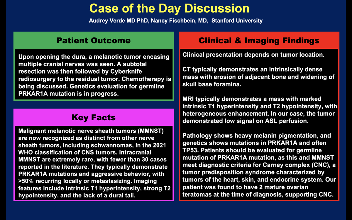 #ASHNR22 Case of the Day #7 ANSWER: Malignant melanotic nerve sheath tumor! Thx Drs. Verde & @nancyfstanford 4 case! @AshokSrini15 @callyrobs @DShatzkes @CDP_Rad @rhwiggins @nakoontz @cmtomblinson @CMGlastonbury @tabby_kennedy @PhilipRChapman1 @RadRupa @AnnJayMD1 @amyfjuliano