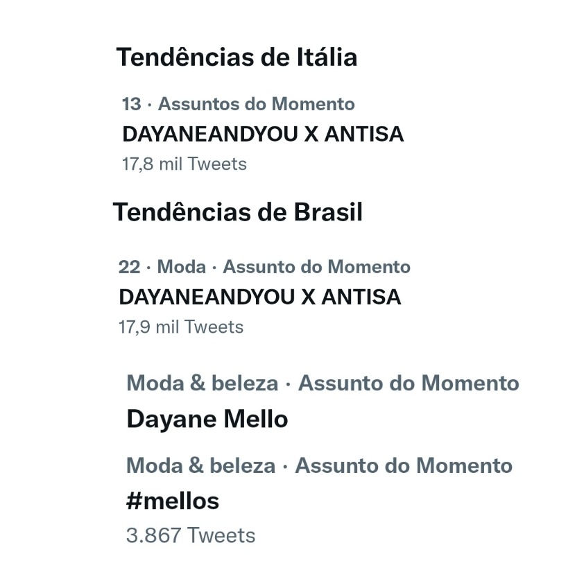 #Mellos, a tag DAYANEANDYOU X ANTISA ainda está em tendência na Itália e Brasil 💪🏼

Tão lindo esse amor e dedicação 💞

#DayaneMello