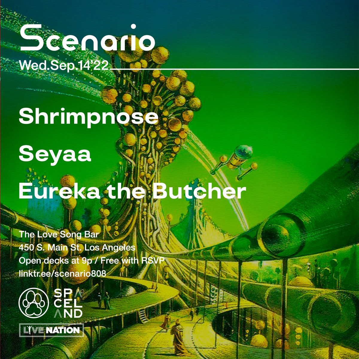 SCENARIO π (@scenario808) on Twitter photo Next Wed 9/14: <a href="/shrimpnosebeats/">shrimpnoseπ€</a> <a href="/chillseyaa/">SEYAA</a> <a href="/Eurekabutcher/">Eureka The Butcher π΅π·</a> + <a href="/daddykev/">Daddy Kev</a> at <a href="/TheLoveSongBar/">The Love Song Bar</a>. Open decks at 9p. Free with RSVP. Presented by <a href="/ALPHAPUP/">Alpha Pup</a> <a href="/SpacelandLA/">SPACELAND PRESENTS</a> <a href="/LiveNation/">Live Nation</a> πβ¨π eventbrite.com/e/scenario-shrβ¦ Next Wed 9/14: <a href="/shrimpnosebeats/">shrimpnoseπ€</a> <a href="/chillseyaa/">SEYAA</a> <a href="/Eurekabutcher/">Eureka The Butcher π΅π·</a> + <a href="/daddykev/">Daddy Kev</a> at <a href="/TheLoveSongBar/">The Love Song Bar</a>. Open decks at 9p. Free with RSVP. Presented by <a href="/ALPHAPUP/">Alpha Pup</a> <a href="/SpacelandLA/">SPACELAND PRESENTS</a> <a href="/LiveNation/">Live Nation</a> πβ¨π eventbrite.com/e/scenario-shrβ¦