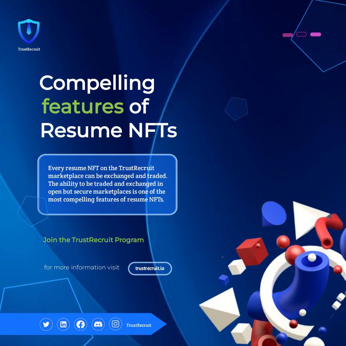 Every resume NFT on the on the #Trustrecruit Marketplace can be traded and exchanged. 

trustrecruit.io
#crypto #resumeservices #NFT #Resume  #Whales #investor #investing  #NFTresume #NFTcv  #recruit