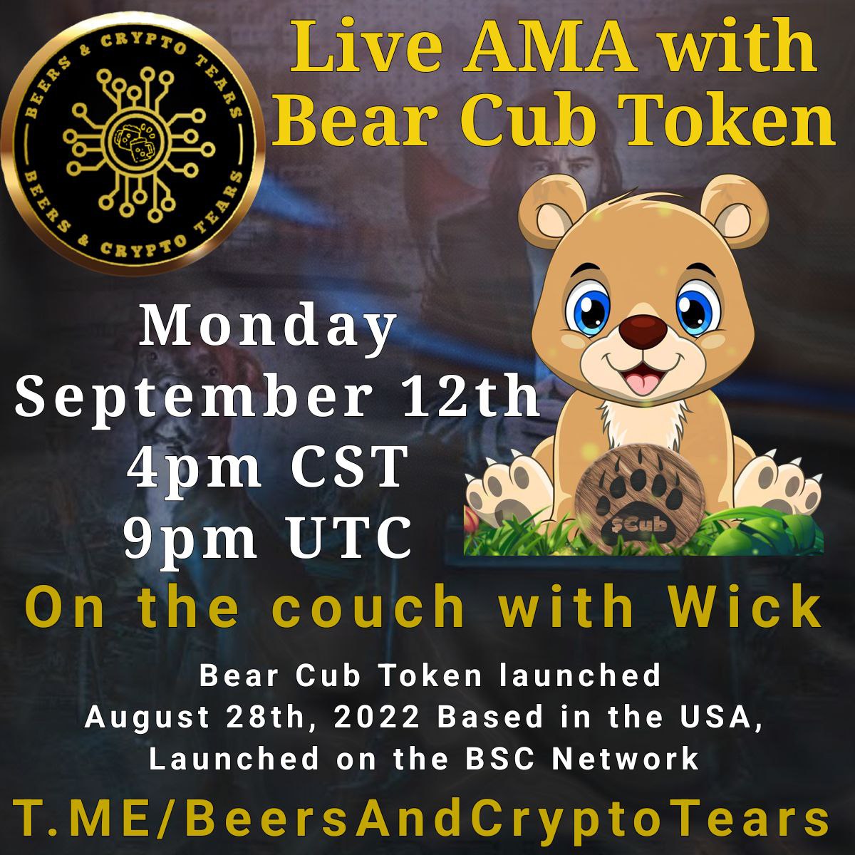 fuddoxx's tweet photo. 🚨Don't miss our On the Couch with Wick #AMA session w/ the team from @BearCubToken (CUB)🚨

CUB is @TheBearToken's baby project having a treasury utility that unlocks &amp; rewards holders after 1 month. 

See ya on the AMA at: https://t.co/c89hCxqXpC

#altcoin #FuddoxxVault #BTC https://t.co/C7rGoex1rd