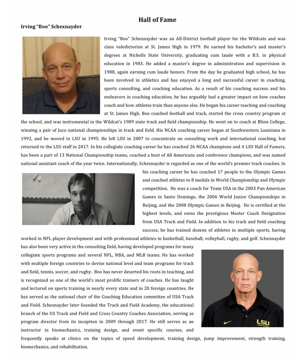 skliebert's tweet photo. Irving “Boo” Schexnayder, 79’ SJH Valedictorian, USA Track & Field, LSU Track & Field, World Renown Consultant, Enshrined - St. James High School Hall of Fame #THDE #LeaveALegacy #USOlympicTrack #NationalChampionshipCoach #LSUTrackAndField #BooSchexnayder #SouthernCreoleSpices https://t.co/YKAFr25DLV