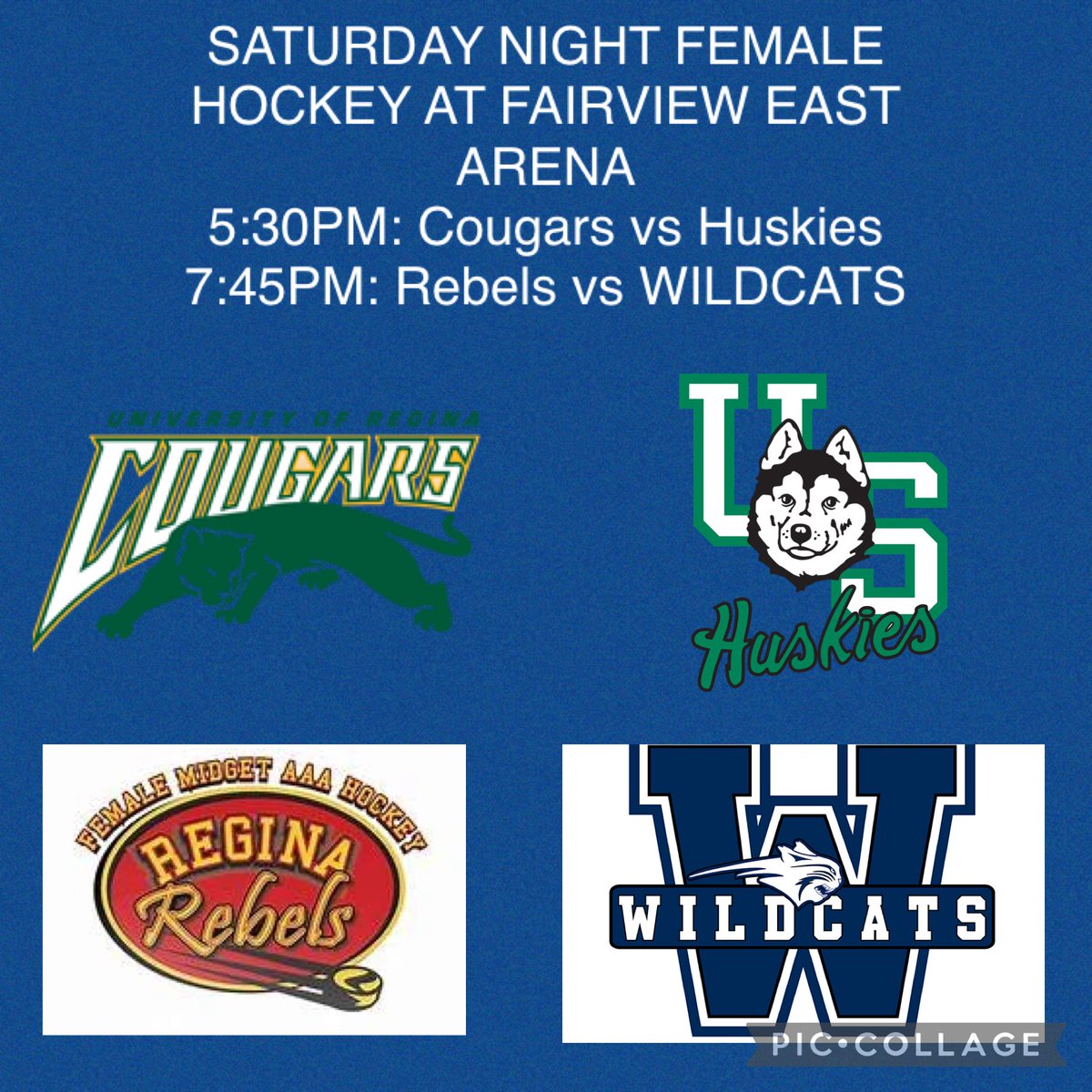 Great night of hockey at Fairview East Arena tonight starts with a provincial U-Sport rivalry between the University of Regina Cougars with Wildcat alumni Samantha Thompson &amp; Shelby Rublee taking on the University of Saskatchewan Huskies and former Wildcat Sara Kendall.