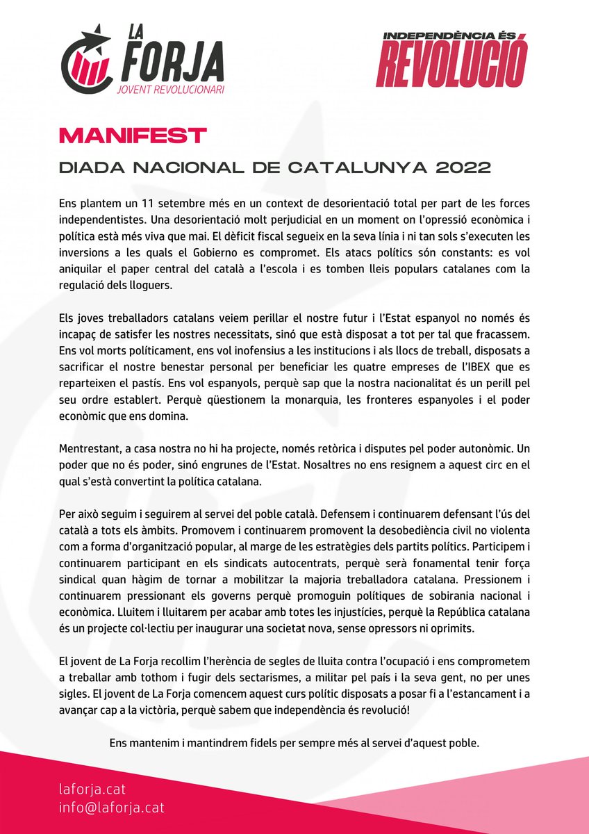 #11Setembre | Aquesta Diada omplim els carrers i organitzem-nos per guanyar la independència!

🗣️ "El jovent de La Forja comencem aquest curs polític disposats a posar fi a l'estancament i a avançar cap a la victòria!"

🔗 Llegeix el comunicat: ja.cat/LF060922