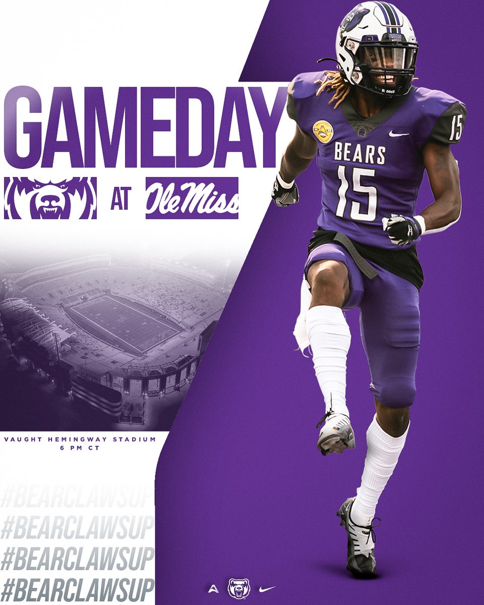 UCA_Football's tweet photo. LET'S DO THIS! 
UCA vs. Ole Miss at 6 pm tonight in Oxford, Miss.
#BearClawsUp 
📻 https://t.co/Q1lLQKoF0i
📺 https://t.co/8E1OAMknz6
📊 https://t.co/HqkxPy74kL https://t.co/N199kYisVI