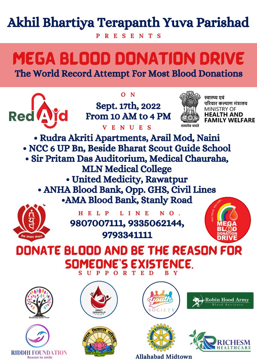 MARK THE DATE! 📌
17 Sept'22, Saturday.
1st time in Prayagraj. 
6 locations.
10+ organizations. 
Goal: Voluntary blood donation.
Donors: entitled to certificate &amp; goodie bags! 
#raktsankalp #raktsoldiers #mission2025 #raktnirbharbharat #harghardonor #donors