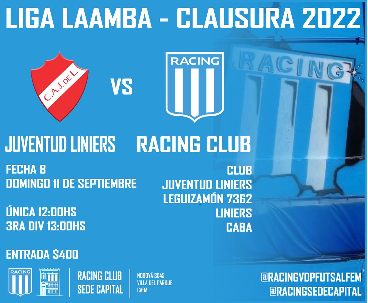 RacingVDPFutFem's tweet photo. Nuestra tira en Liga Laamba visitará este domingo 11/9 a Juventud de Liniers por la fecha 8 del Torneo Clausura.
🕢 Única 12hs
🕢 3ra 13hs
#Racing
#RacingVdP
#RacingClub
#FutsalFemenino
♀️🎓⚽️💙 https://t.co/up9h4q0pZ7
