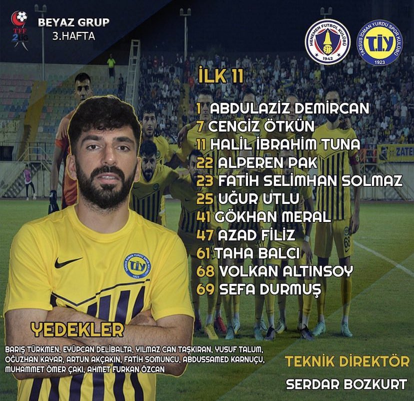 Menemen Fk karşısında İlk 11’imiz💪🏻