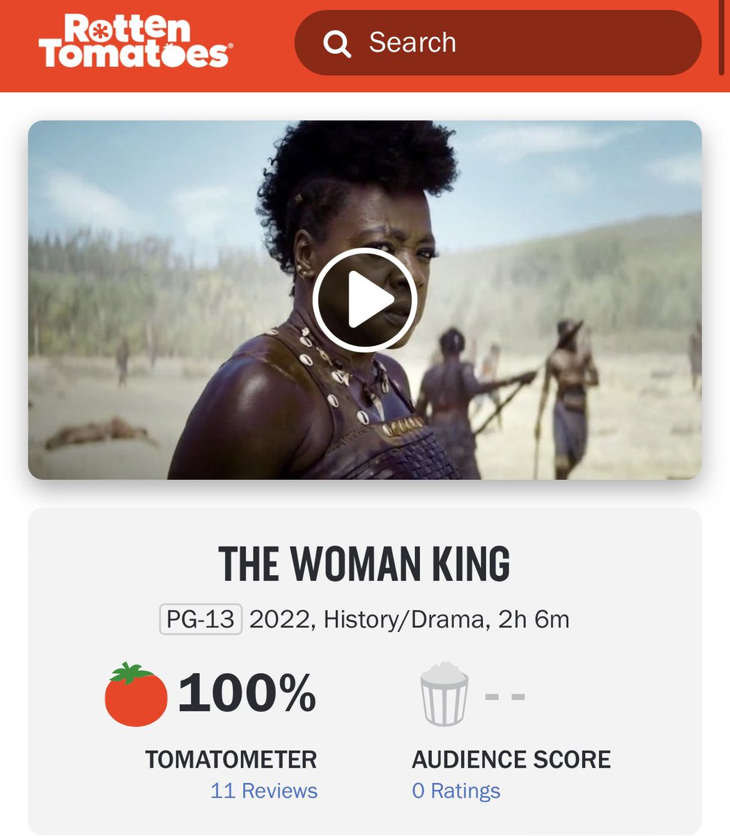 #TheWomanKing debuts with a Rotten Tomatoes score of 100%.