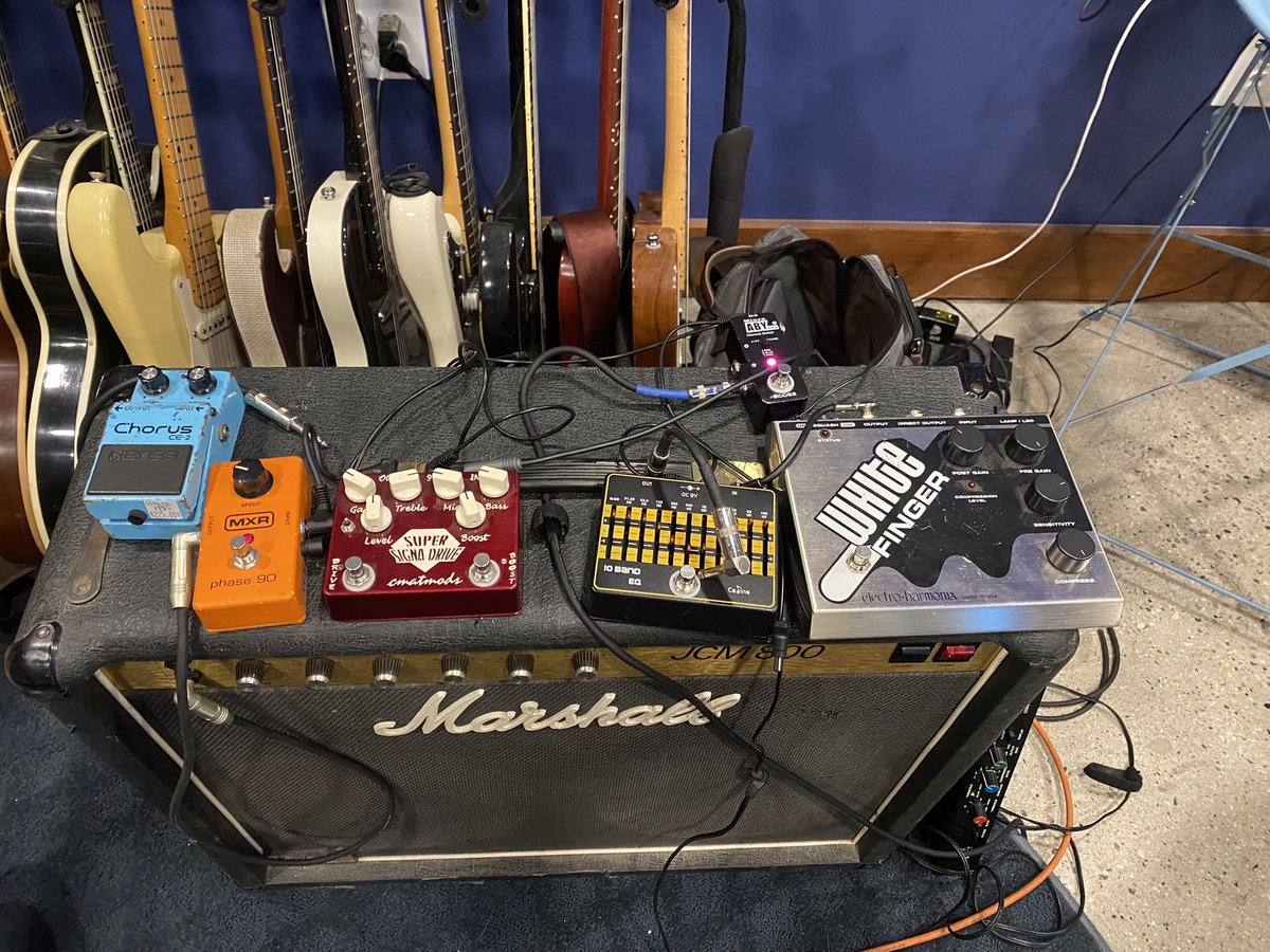 Here’s (most of) the gear I used to record guitars for “Heroes”! Cleans were the Roland and Fender amps + The Rockman. Dirty sounds were the Marshall into a PRS 4x12 + The Rockman. Lots of <a href="/ernieball/">Ernie Ball</a> JP6 + my Frankenstrat. Not pictured is the other 3-4 stages of chorus 😂