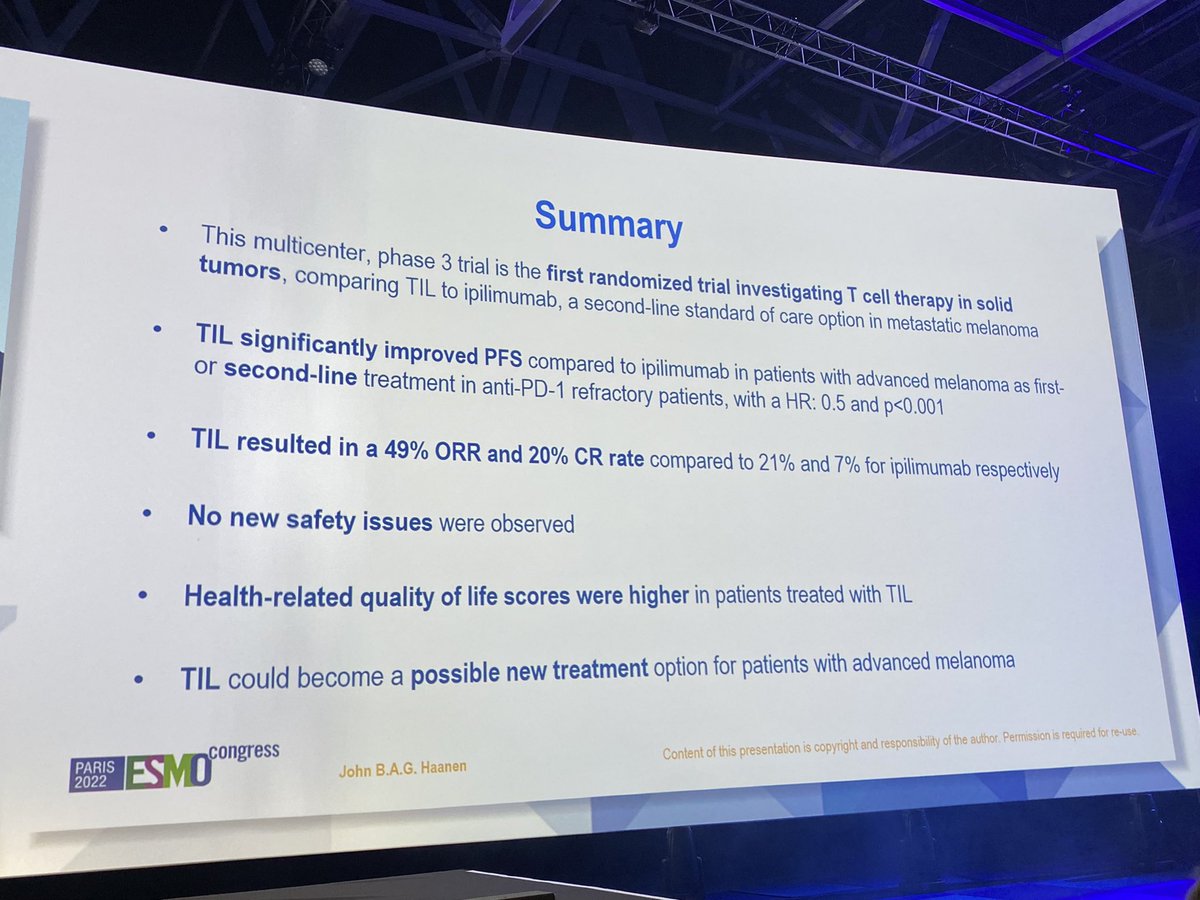 Treatment with tumor-infiltrating lymphocytes (TIL) 🆚 ipilimumab for advanced melanoma bu Dr. J Haanen 🔸80% received prior IO 🔸Study met PFS endpoint! 20% CR 🔸>G3+ AEs Almost all patients! @myESMO #ESMO22 @OncoAlert