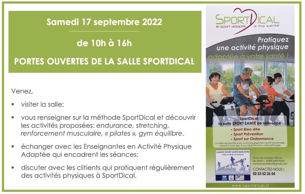 Vous souhaitez commencer ou reprendre une activité physique personnalisée à vos capacités et objectifs ? Venez découvrir #SportDical lors des portes ouvertes le samedi 17 Septembre de 10h à 16h. 
sportdical.fr
#StapsAPA #SaintMalo #EAPAS #sportsurordonnance #sportsante