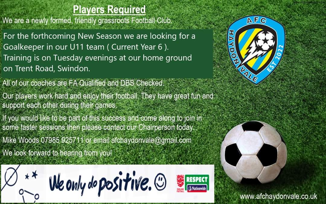 HaydonvaleAfc's tweet photo. Are you or do you know an aspiring Alisson / Neuer / Mendy ?  Are you in Year 6? 
Are you looking to play regular football ?  If so then please contact us! @nwyfleague @WiltsCountyFA https://t.co/eA3UHuUvNR