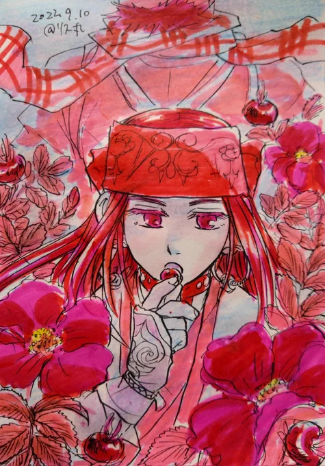 #ゴールデンカムイ版深夜の真剣お絵描き60分一本勝負お題『赤、紅赤、または12巻』シトン先生に鍋、温泉回と本当に色々盛り沢山だけど、アシリパさんの杉元への気持ちがハッキリ視覚化され始めたのはこの巻からだったと思う。約100分遅刻です 