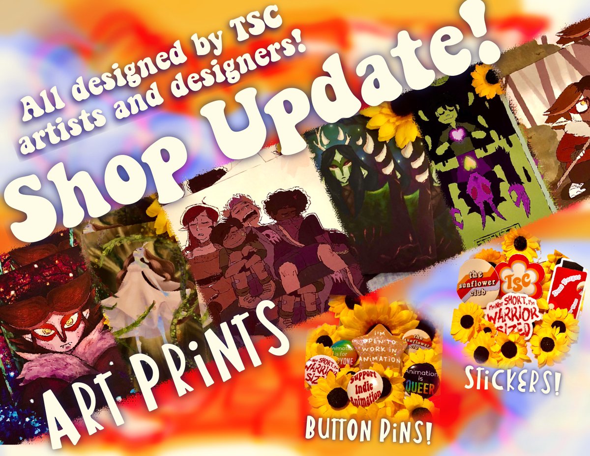 Sunflowerclub_'s tweet photo. 💛OUR KO-FI SHOP HAS BEEN UPDATED! 💛

Check out all the cool art prints, button pins, and vinyl stickers that we have available! 

All purchases help support the growth of our Indie Animation Studio!🌻

https://t.co/cNbhutCCiE https://t.co/dvXXf1NOrA