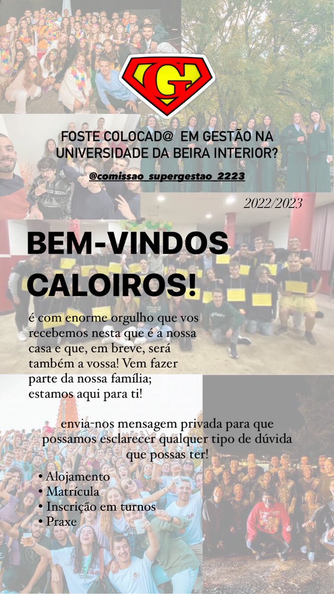 Pessoal que entrou em Gestão na Universidade da Beira Interior sigam no ig @ comissao_supergestao_2223
Muito bem-vindos caloiritos! ;)