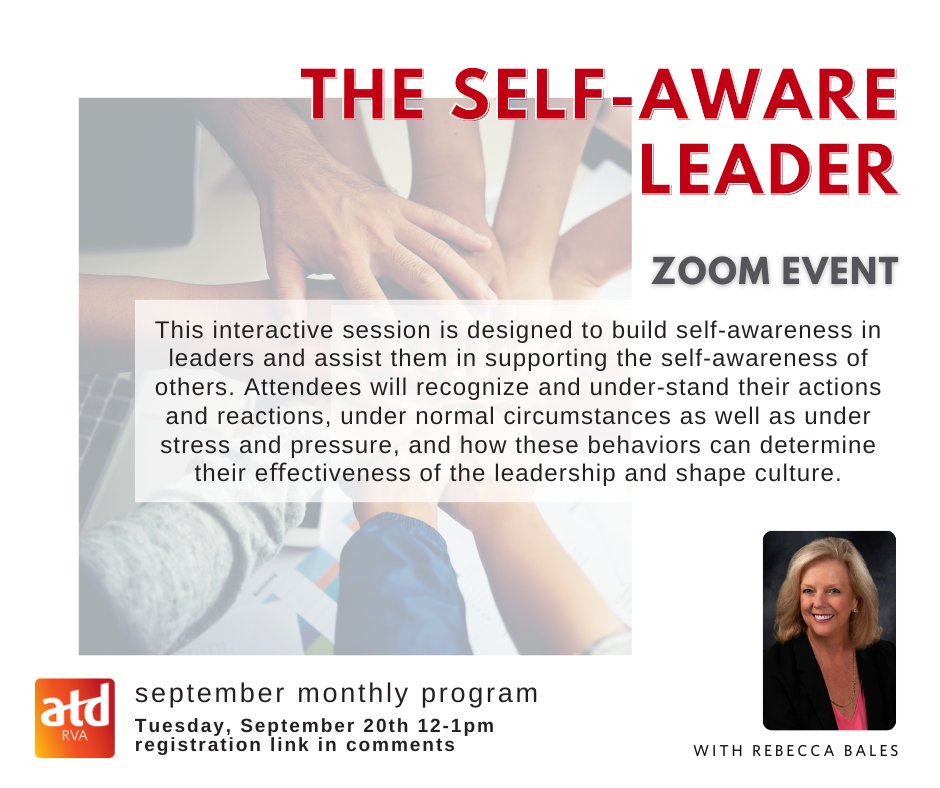 RichmondATD's tweet photo. 🌻 Changing seasons are times to reflect 🍁

Join us 📅 9/20/22 at 12:00pm on Zoom to explore techniques for building emotional agility to drive the elimination of unconscious bias.

🔗 to register in the comments! #GRATD #ATD @ATD #ProfessionalDevelopment https://t.co/ACeVZ2jTxU
