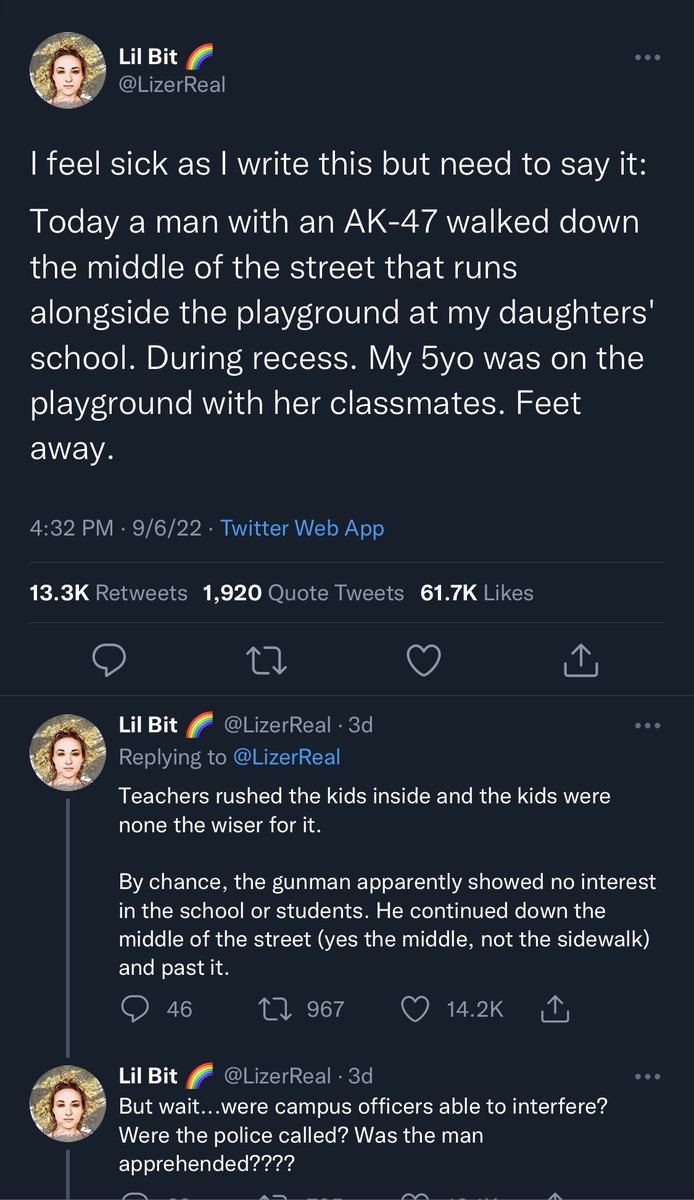 SnarkyPundit's tweet photo. This lady’s thread is the epitome of our culture’s current obsession with being melodramatic.
When I grew up in the ‘80s it was still okay for guys at the high school to have their rifles on a gun rack completely visible through the back windows of their pickup trucks. No drama. https://t.co/DOslSVflCT