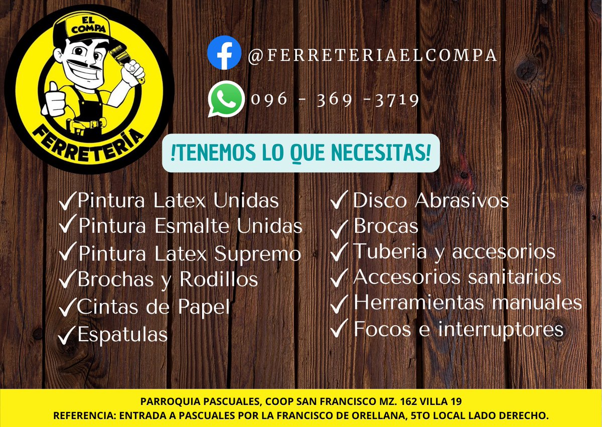 Elcompa593's tweet photo. 🥳Tenemos todo lo que necesitas🥳
🟢Horario de Atención🟢
Lunes a Viernes:  8:00am - 07:00pm
Sabados y Domingos: 9:00am - 2:00pm

#Guayaquil #hogar #pascuales #Matices #aurora #LaJoya #villaclub #orquideas #ferreteria #LaRioja #PinturasUnidas #villaitalia #metropolis #sabadofeliz https://t.co/YE07GJYe4P