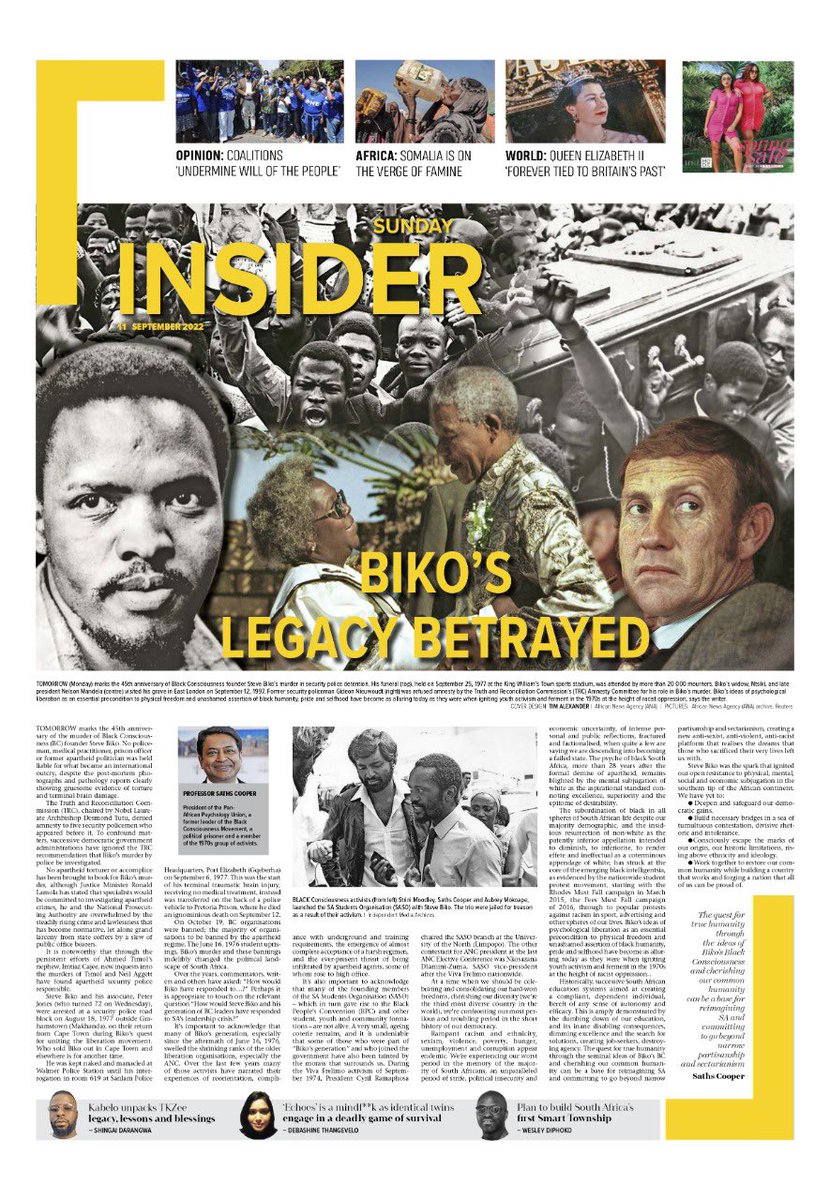 IOLPolitics's tweet photo. #SundayInsider: Biko's legacy betrayed; #Coalitions a ‘recipe for disaster, undermines will of the people’; #Downer, #Maughan prosecution a test for justice system; #QueenElizabethII ‘forever tied to Britain’s past’@IOL @SundayIndy @WeekendArgus @SundayTribune https://t.co/JkSssKVbMU