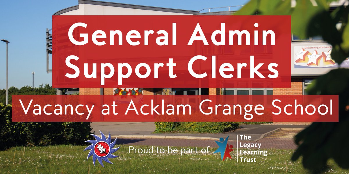 AcklamGrange's tweet photo. VACANCIES: General Administration Support Clerks x3

We are looking to recruit three enthusiastic, conscientious and hard working individuals to complement our Administration Team.

For more information about this these roles, visit our website ➡️ https://t.co/on8q3p6glA https://t.co/ELgrV5hH8S