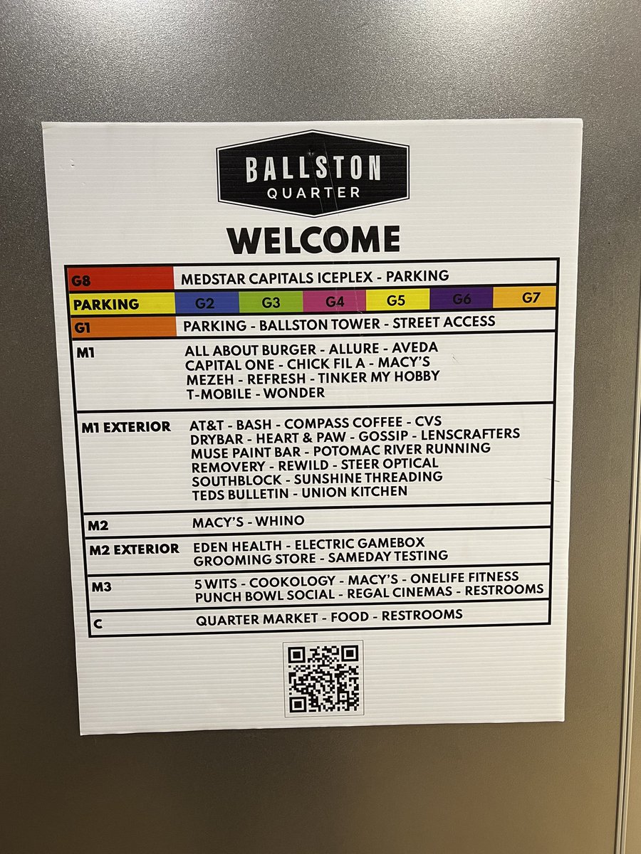 ZoyaBee's tweet image. Lots of good shopping at .@BallstonQuarter but the elevator stops are confusing. To make matters worse, the sign mapping stores to floors is in reverse order to the elevator stops. #BadDesign #PleaseImprove