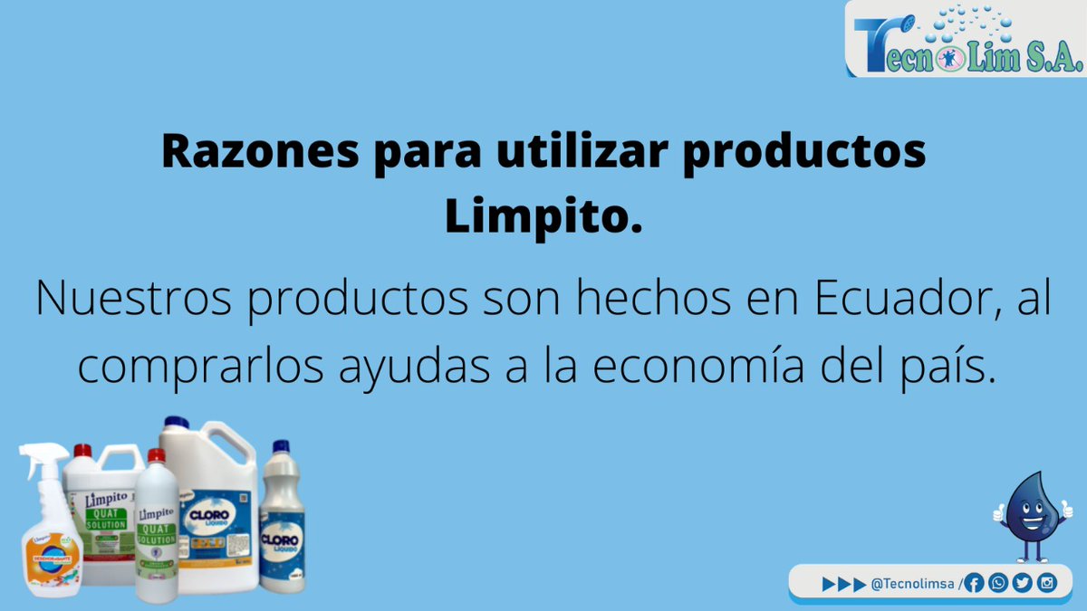 Tecnolimsa's tweet photo. Esta es una de las razones de porque es mejor utilizar los productos #Limpito.
Nuestros productos son hechos en Ecuador, al comprarlos ayudas a la economía del país. 
#Tecnolimsa #Tecnolimsalimpiandotufuturo #Limpito #productosLimpito #productosdelimpieza #higiene https://t.co/aP15kOOwmK