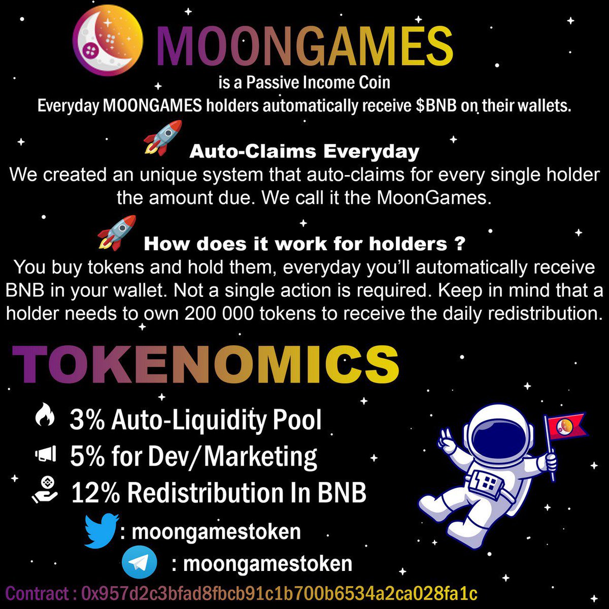 Iorb1's tweet photo. @MrDiamondhandz1 🚀 MOONGAMES 

🔥 TOKENOMICS

🟥 3% Liquidity 
🟧 5% Marketing / Game Development
🟨 12% $BNB Reflection

🍀 Contract : 0x957d2c3bfad8fbcb91c1b700b6534a2ca028fa1c

@MoonGamesToken https://t.co/bHkJ5MPDci